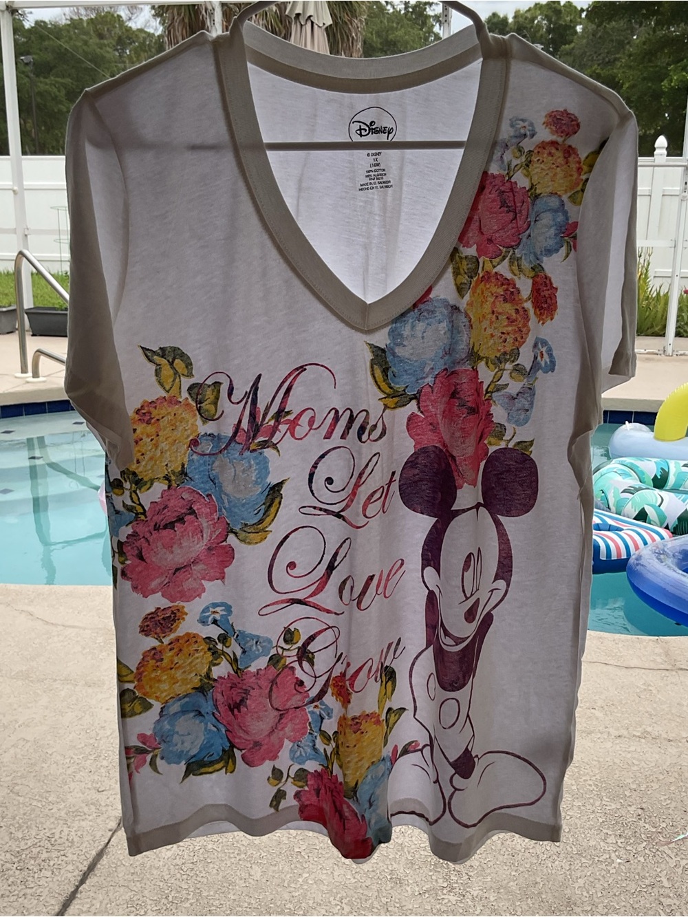 Disney Mickey White V-Neck Tee with Floral Design for MOM